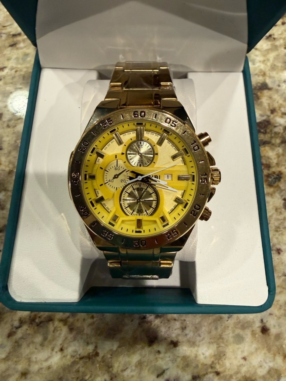Gold-Tone Chronograph Watch with Yellow Dial
